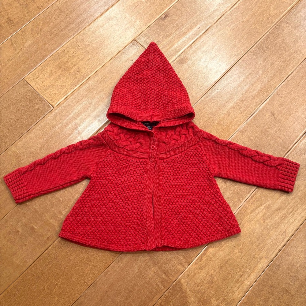 Baby Gap Girls Red Knit Cardigan Sweater w/ Hood Button-up Cotton 6-12 months